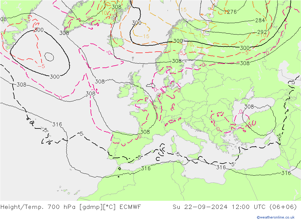 Geop./Temp. 700 hPa ECMWF dom 22.09.2024 12 UTC