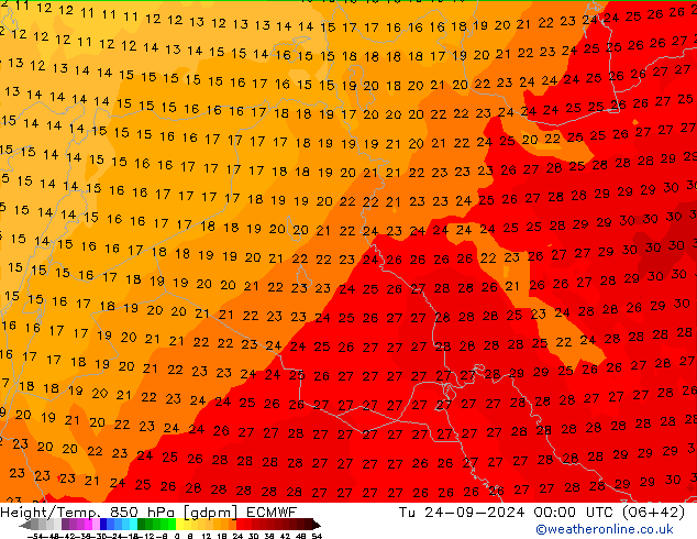 Height/Temp. 850 hPa ECMWF wto. 24.09.2024 00 UTC