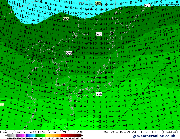 Height/Temp. 500 hPa ECMWF Mi 25.09.2024 18 UTC