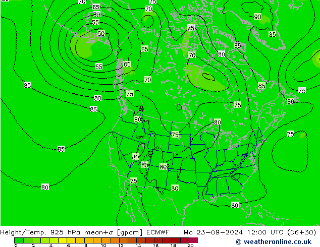 Height/Temp. 925 hPa ECMWF Mo 23.09.2024 12 UTC