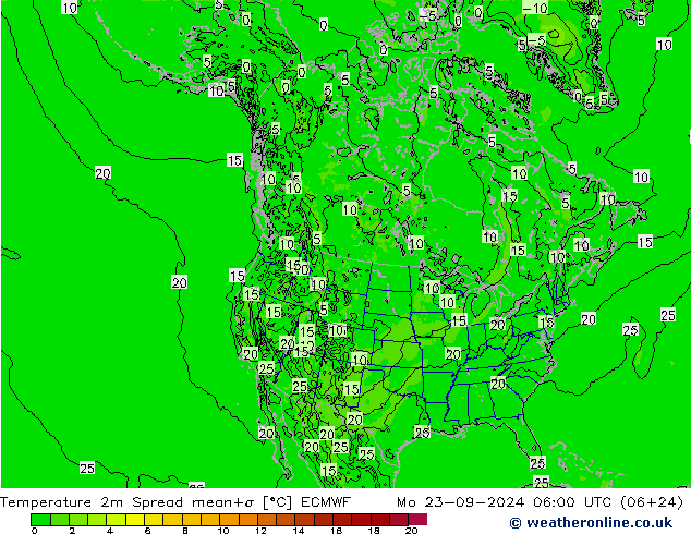 Temperature 2m Spread ECMWF Mo 23.09.2024 06 UTC