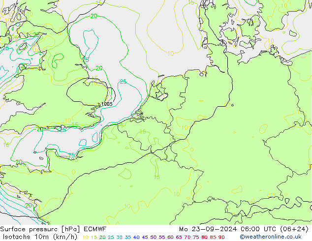 Isotachen (km/h) ECMWF Mo 23.09.2024 06 UTC