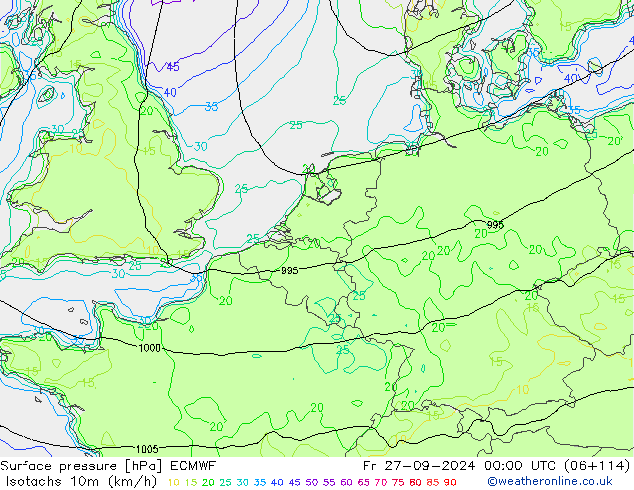 Izotacha (km/godz) ECMWF pt. 27.09.2024 00 UTC