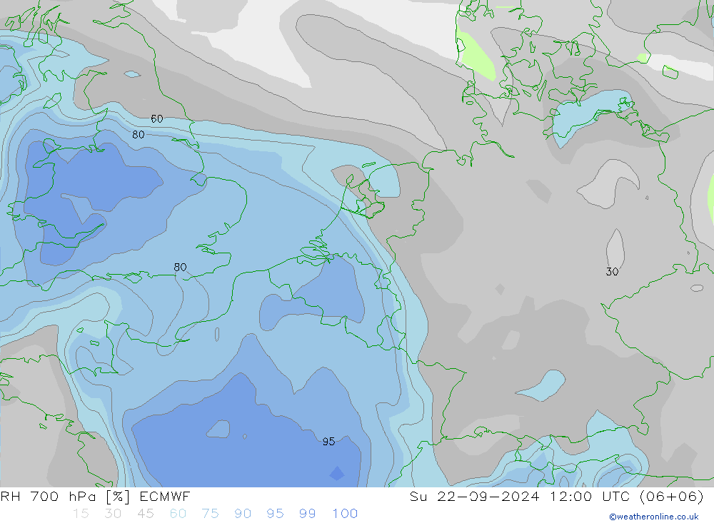 RH 700 hPa ECMWF Su 22.09.2024 12 UTC