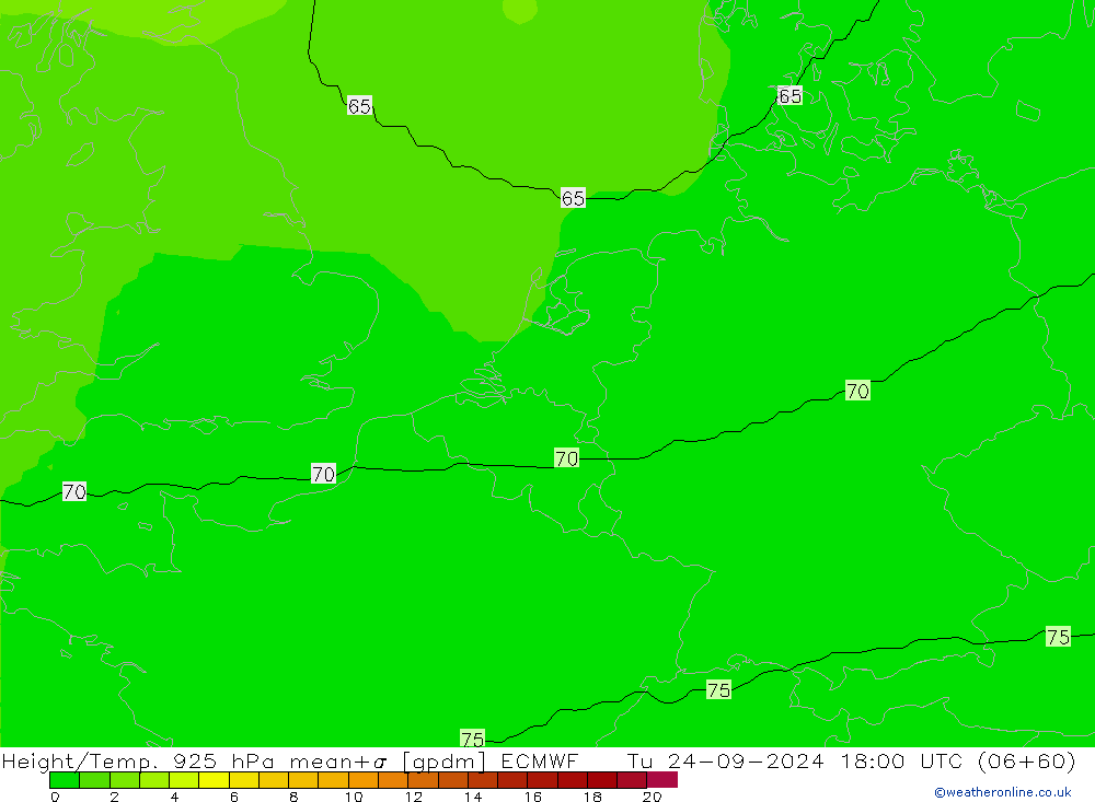 Height/Temp. 925 hPa ECMWF Tu 24.09.2024 18 UTC