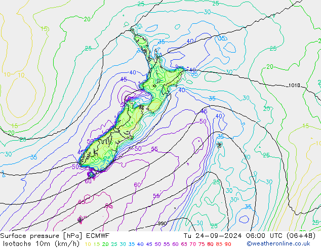 Isotachen (km/h) ECMWF di 24.09.2024 06 UTC