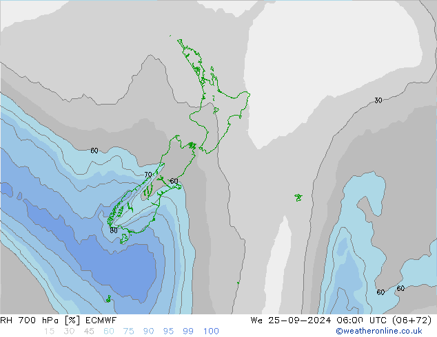 RH 700 гПа ECMWF ср 25.09.2024 06 UTC