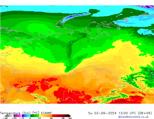 mapa temperatury (2m) ECMWF nie. 22.09.2024 12 UTC