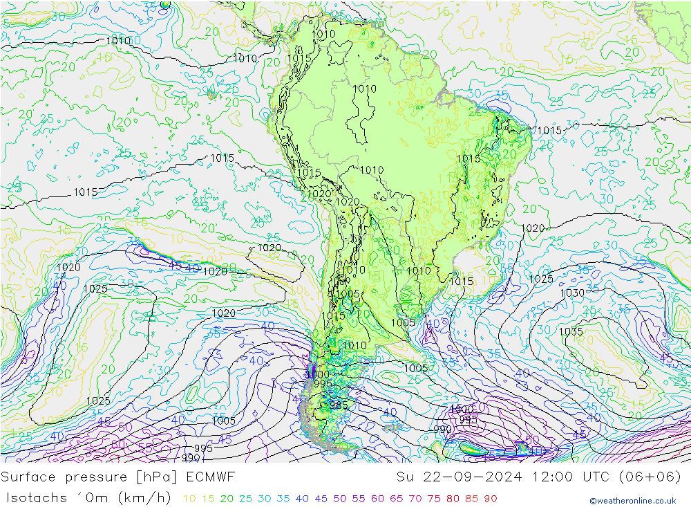 Isotachs (kph) ECMWF Su 22.09.2024 12 UTC