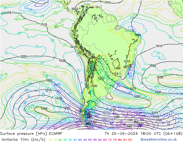 Isotachen (km/h) ECMWF Do 26.09.2024 18 UTC