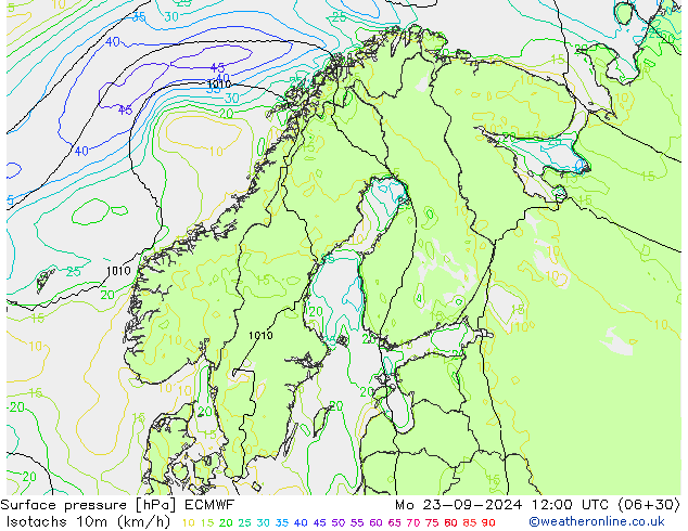 Isotachen (km/h) ECMWF Mo 23.09.2024 12 UTC