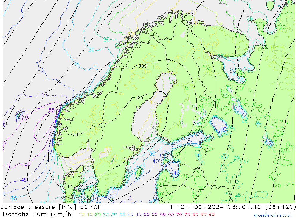 Isotachen (km/h) ECMWF vr 27.09.2024 06 UTC