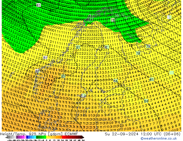 Height/Temp. 925 hPa ECMWF Su 22.09.2024 12 UTC