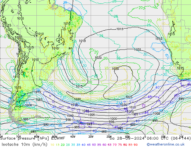 Isotachs (kph) ECMWF Sáb 28.09.2024 06 UTC