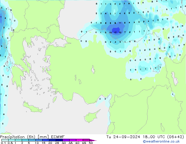 осадки (6h) ECMWF вт 24.09.2024 00 UTC