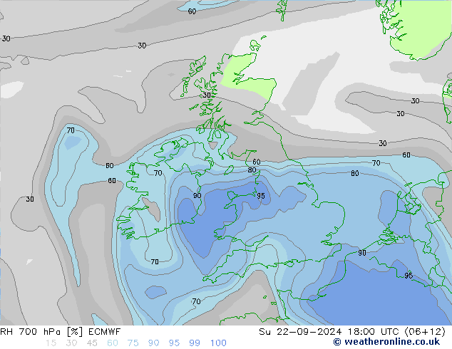 RH 700 hPa ECMWF Su 22.09.2024 18 UTC