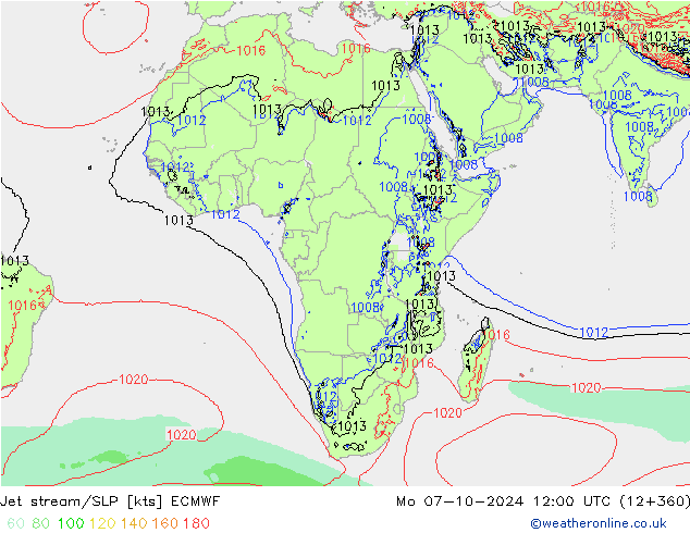 Straalstroom/SLP ECMWF ma 07.10.2024 12 UTC