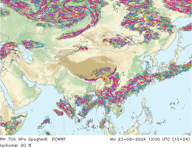 RH 700 hPa Spaghetti ECMWF Mo 23.09.2024 12 UTC