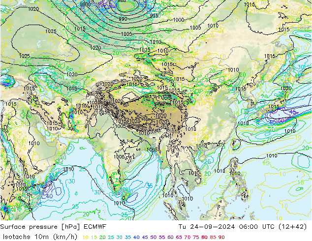 Isotachs (kph) ECMWF Ter 24.09.2024 06 UTC