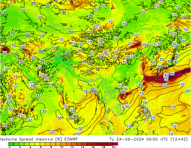 Eşrüzgar Hızları Spread ECMWF Sa 24.09.2024 06 UTC