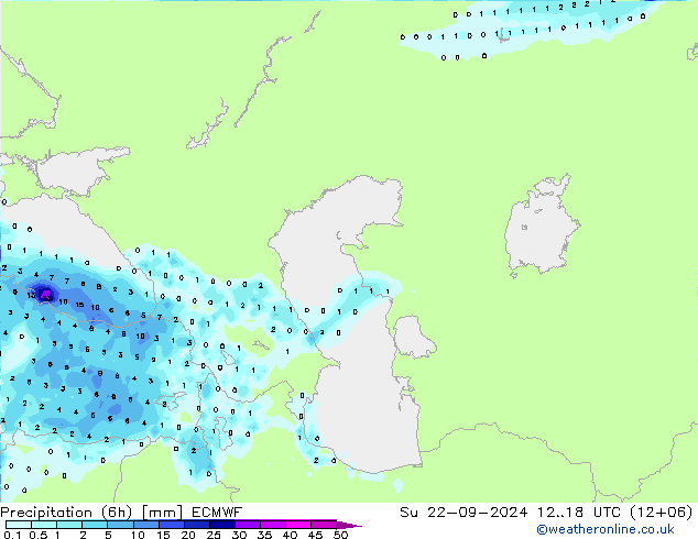 Precipitation (6h) ECMWF Su 22.09.2024 18 UTC