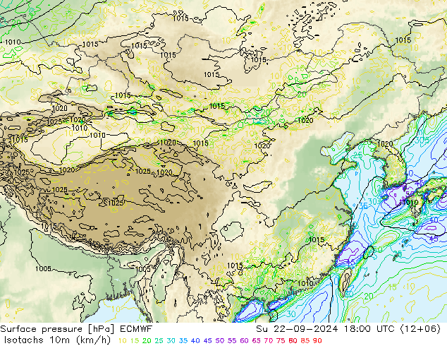 Isotachs (kph) ECMWF dom 22.09.2024 18 UTC