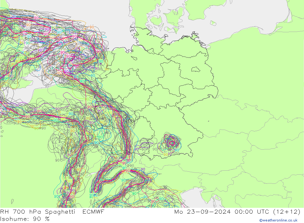 RH 700 hPa Spaghetti ECMWF 星期一 23.09.2024 00 UTC