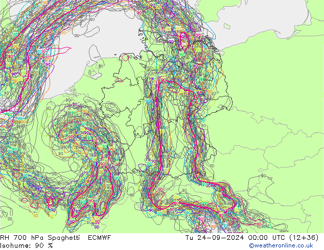 RH 700 hPa Spaghetti ECMWF Di 24.09.2024 00 UTC