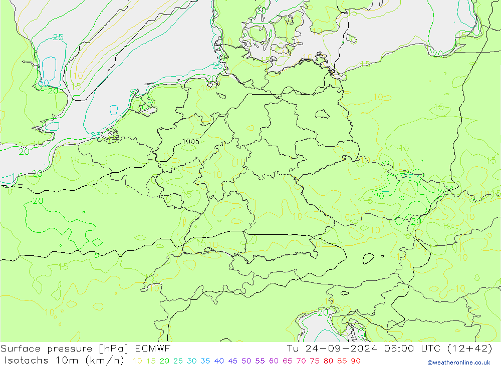 Isotachs (kph) ECMWF Tu 24.09.2024 06 UTC