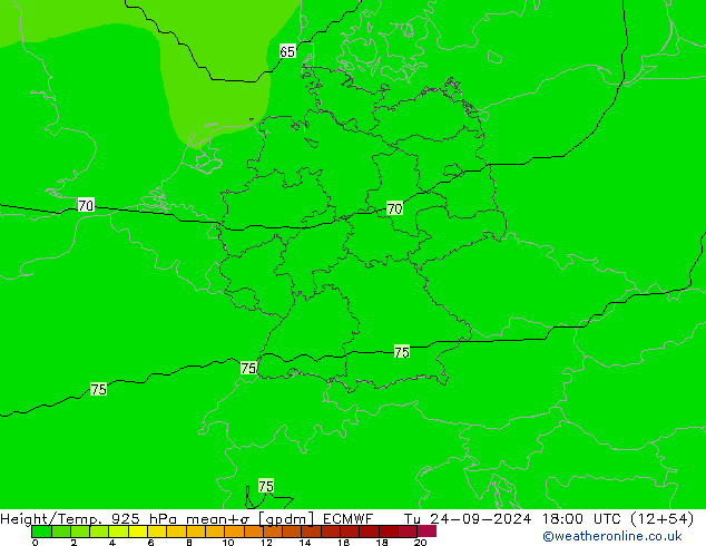 Height/Temp. 925 hPa ECMWF Tu 24.09.2024 18 UTC