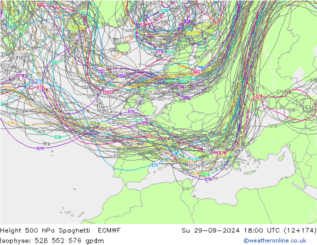 Height 500 hPa Spaghetti ECMWF So 29.09.2024 18 UTC