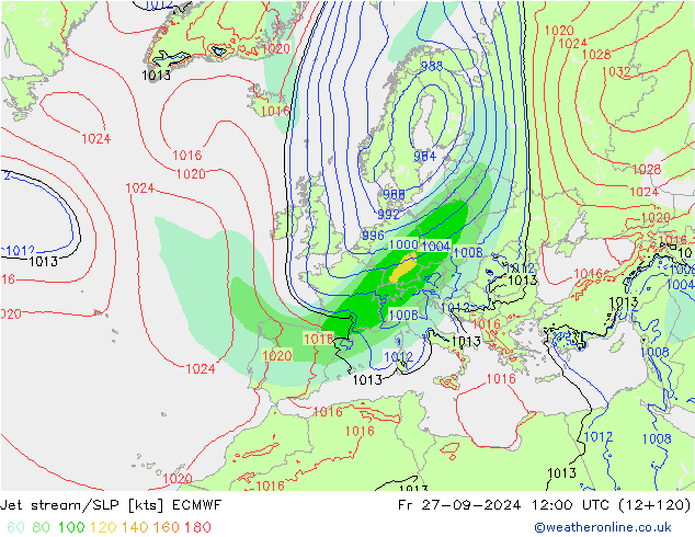 Straalstroom/SLP ECMWF vr 27.09.2024 12 UTC