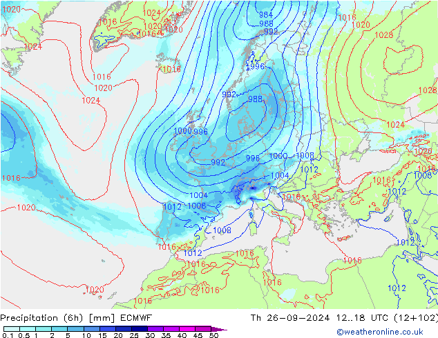 Precipitation (6h) ECMWF Th 26.09.2024 18 UTC