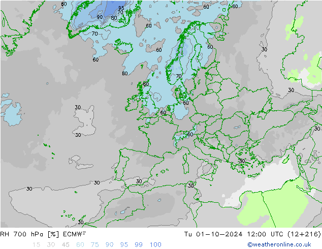 RH 700 hPa ECMWF mar 01.10.2024 12 UTC