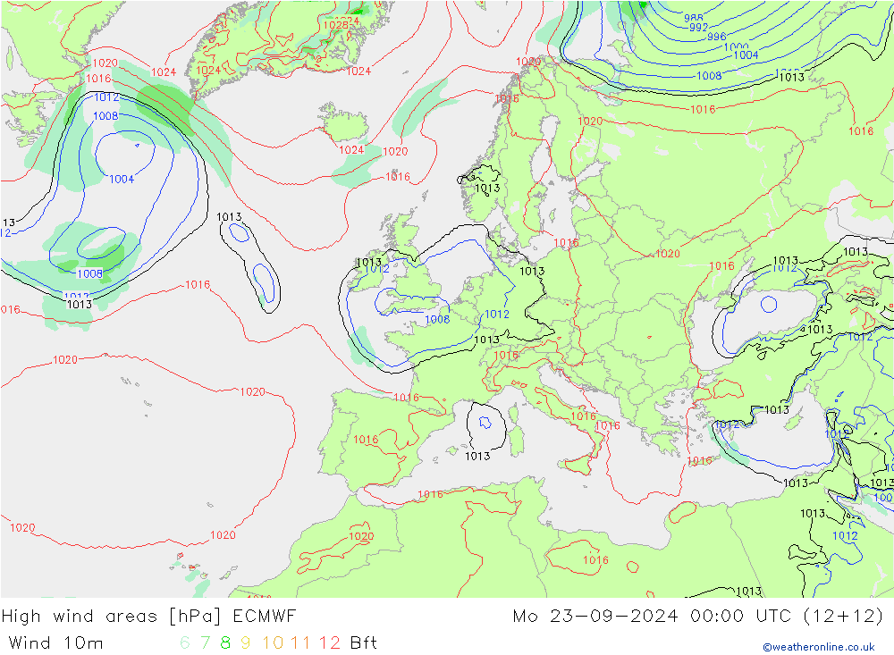 High wind areas ECMWF Mo 23.09.2024 00 UTC