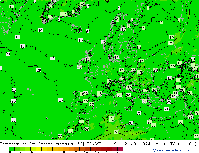 Temperatura 2m Spread ECMWF Dom 22.09.2024 18 UTC