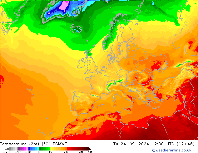 température (2m) ECMWF mar 24.09.2024 12 UTC