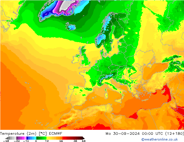 Temperature (2m) ECMWF Mo 30.09.2024 00 UTC