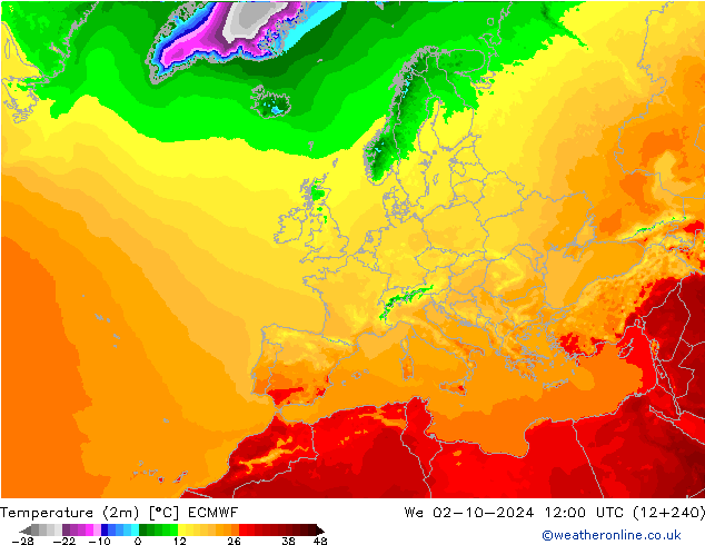 Temperature (2m) ECMWF We 02.10.2024 12 UTC