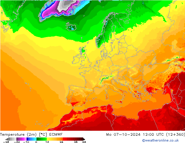 Temperatura (2m) ECMWF Seg 07.10.2024 12 UTC