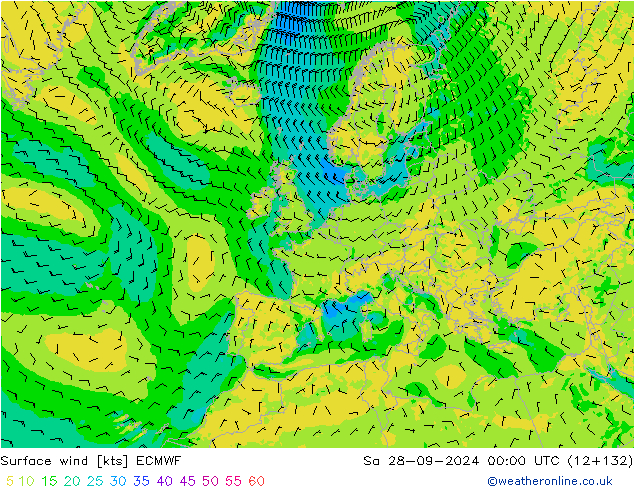 wiatr 10 m ECMWF so. 28.09.2024 00 UTC