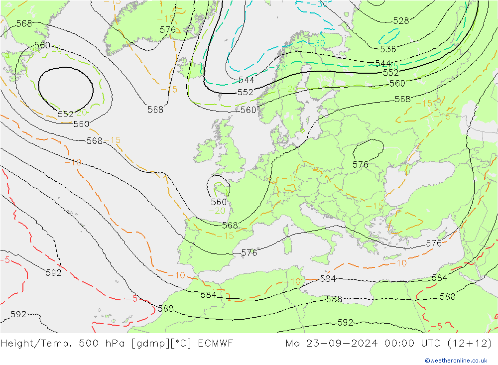 Height/Temp. 500 hPa ECMWF Mo 23.09.2024 00 UTC