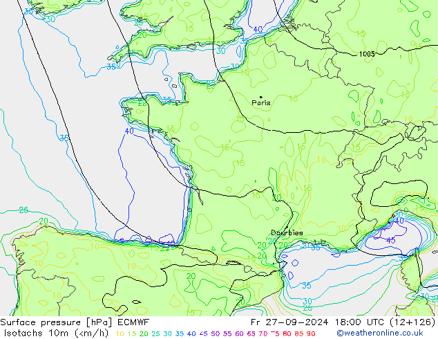 Isotachs (kph) ECMWF ven 27.09.2024 18 UTC