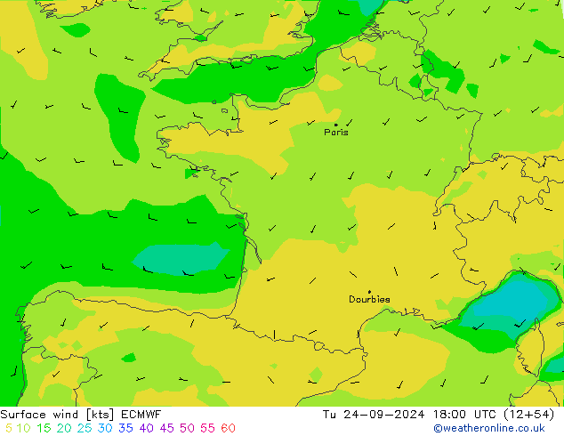 Vento 10 m ECMWF Ter 24.09.2024 18 UTC