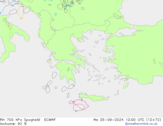 RH 700 гПа Spaghetti ECMWF ср 25.09.2024 12 UTC