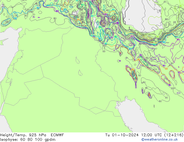 Hoogte/Temp. 925 hPa ECMWF di 01.10.2024 12 UTC