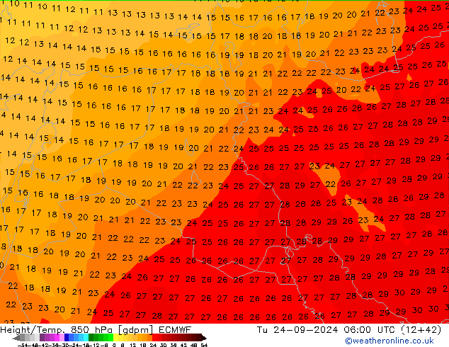 Hoogte/Temp. 850 hPa ECMWF di 24.09.2024 06 UTC