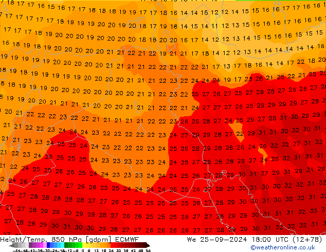 Height/Temp. 850 hPa ECMWF We 25.09.2024 18 UTC