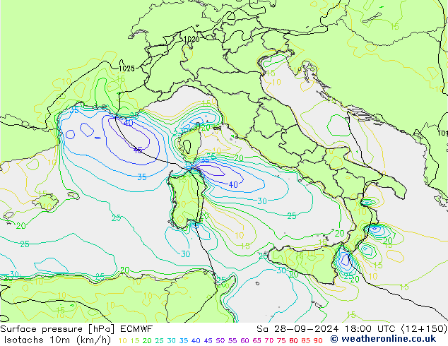 Isotachs (kph) ECMWF Sa 28.09.2024 18 UTC