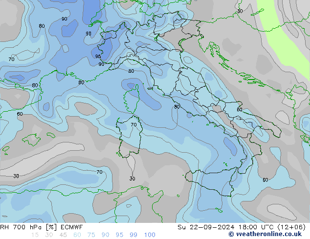 RH 700 hPa ECMWF nie. 22.09.2024 18 UTC